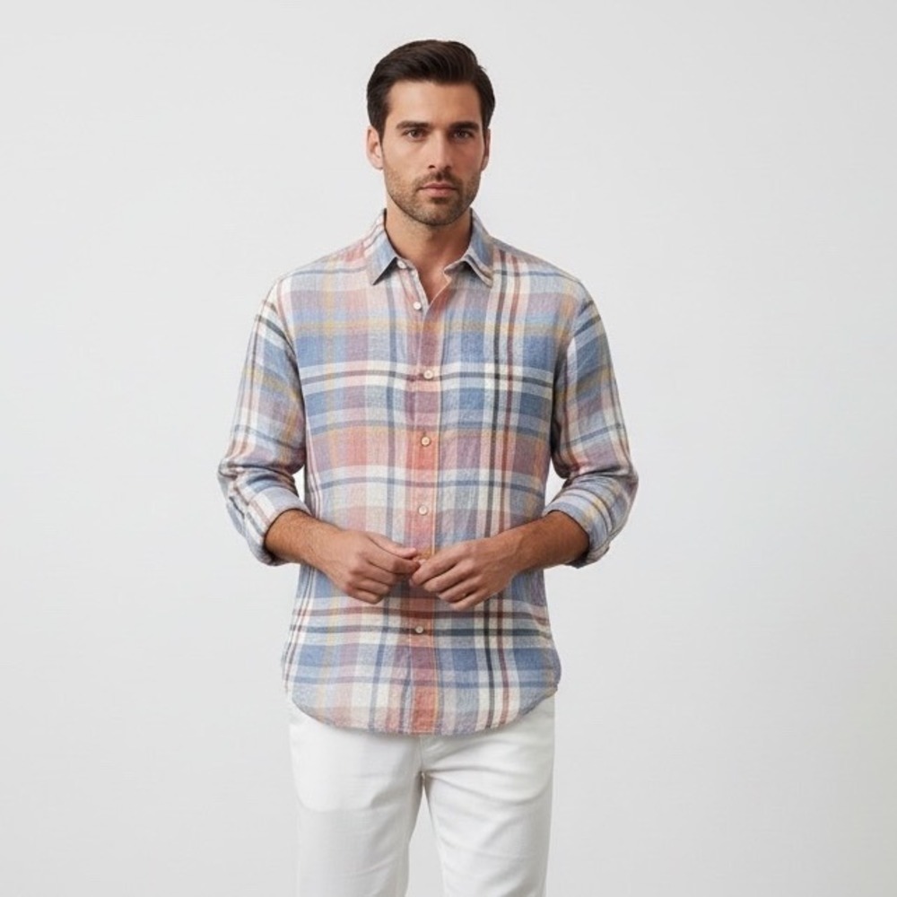 Patrick Assaraf Coastal‎ Plaid Linen Button Down Shirt L Blue Orange Preppy Luxe